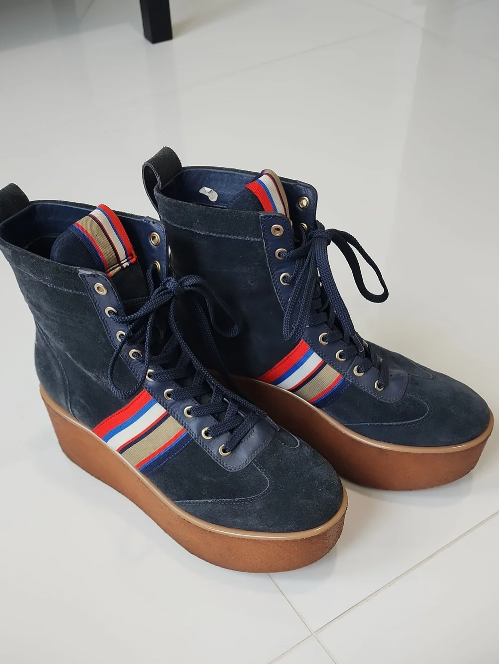 Tory Burch Navy Suede Platform Lace-Up Boots with Tricolor Ribbon Accent